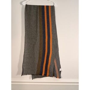 F&F Made in Italy Wool Modal Blend Striped Scarf Grey Orange Navy Fringe